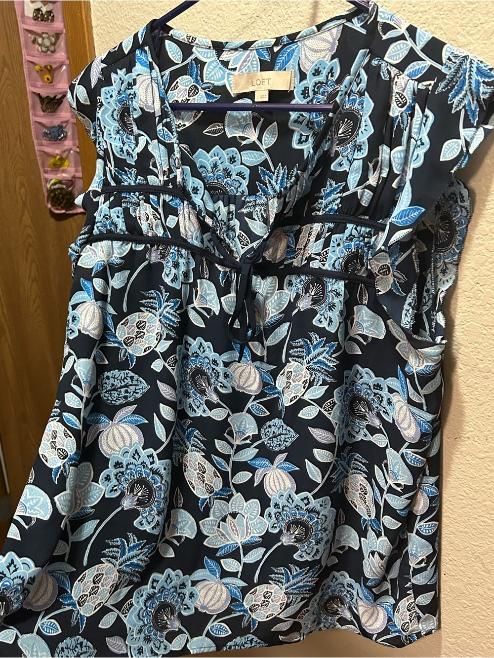 LOFT Navy Floral Tie-Front Sleeveless Top